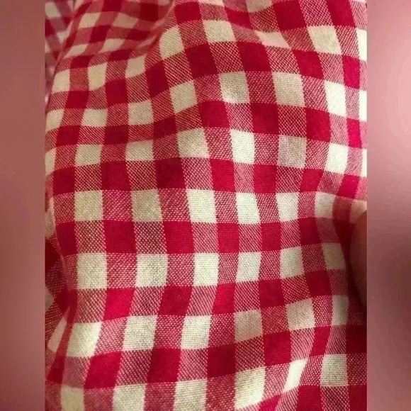 Jones white bright pink fuschia long sleeve plaid top front tie sleeve roll up - Picture 4 of 6